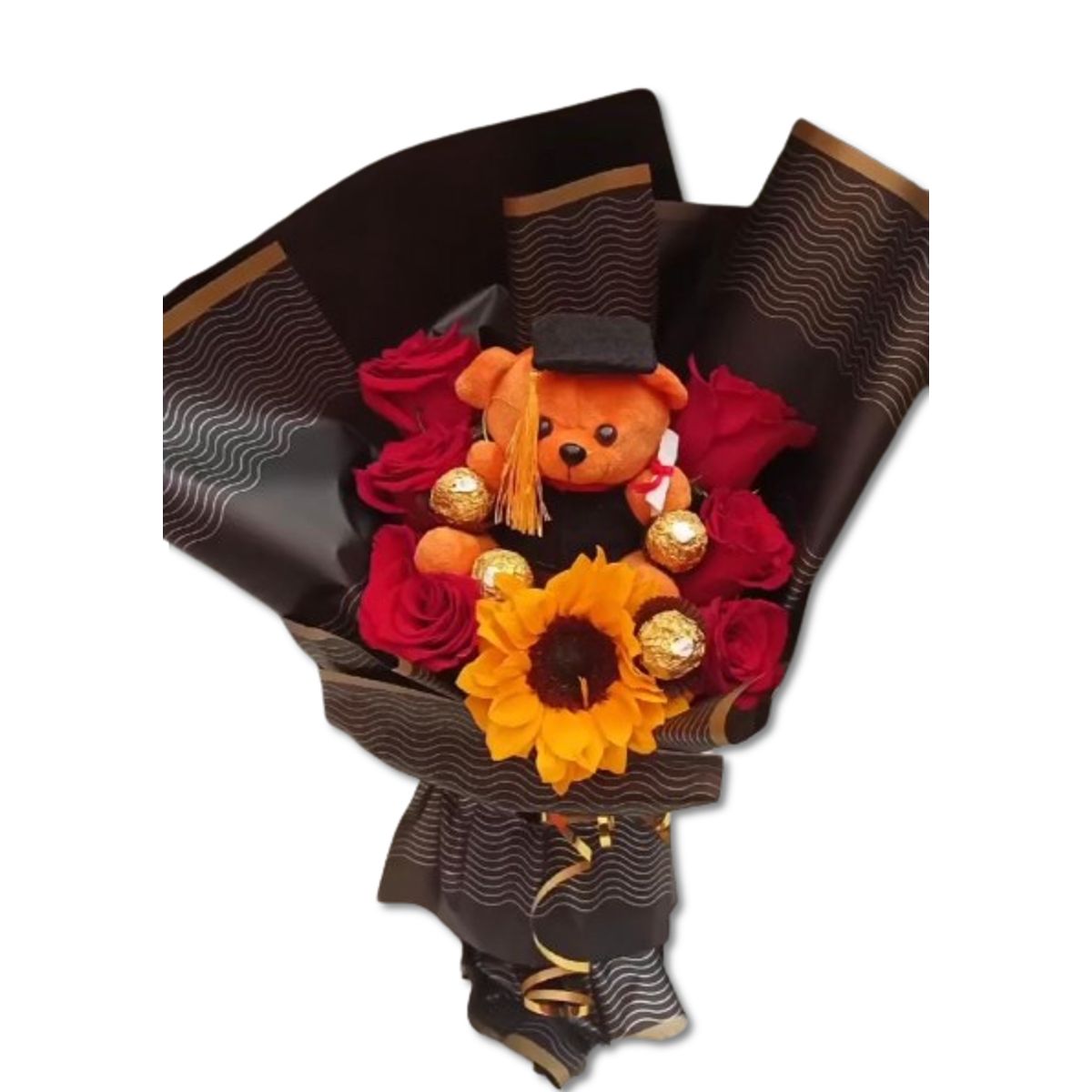 GENERICO - Bouquet de Peluchito de Graduación 6 Rosas y 1 Girasol