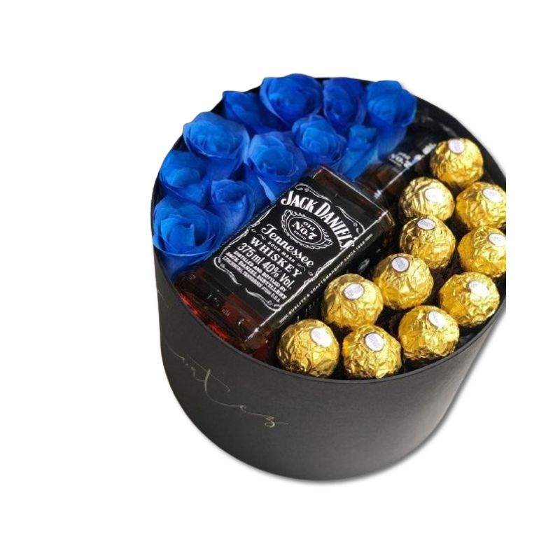 GENERICO - Box Cilindro de 10 Rosas Azules 10 Bombones y Botella