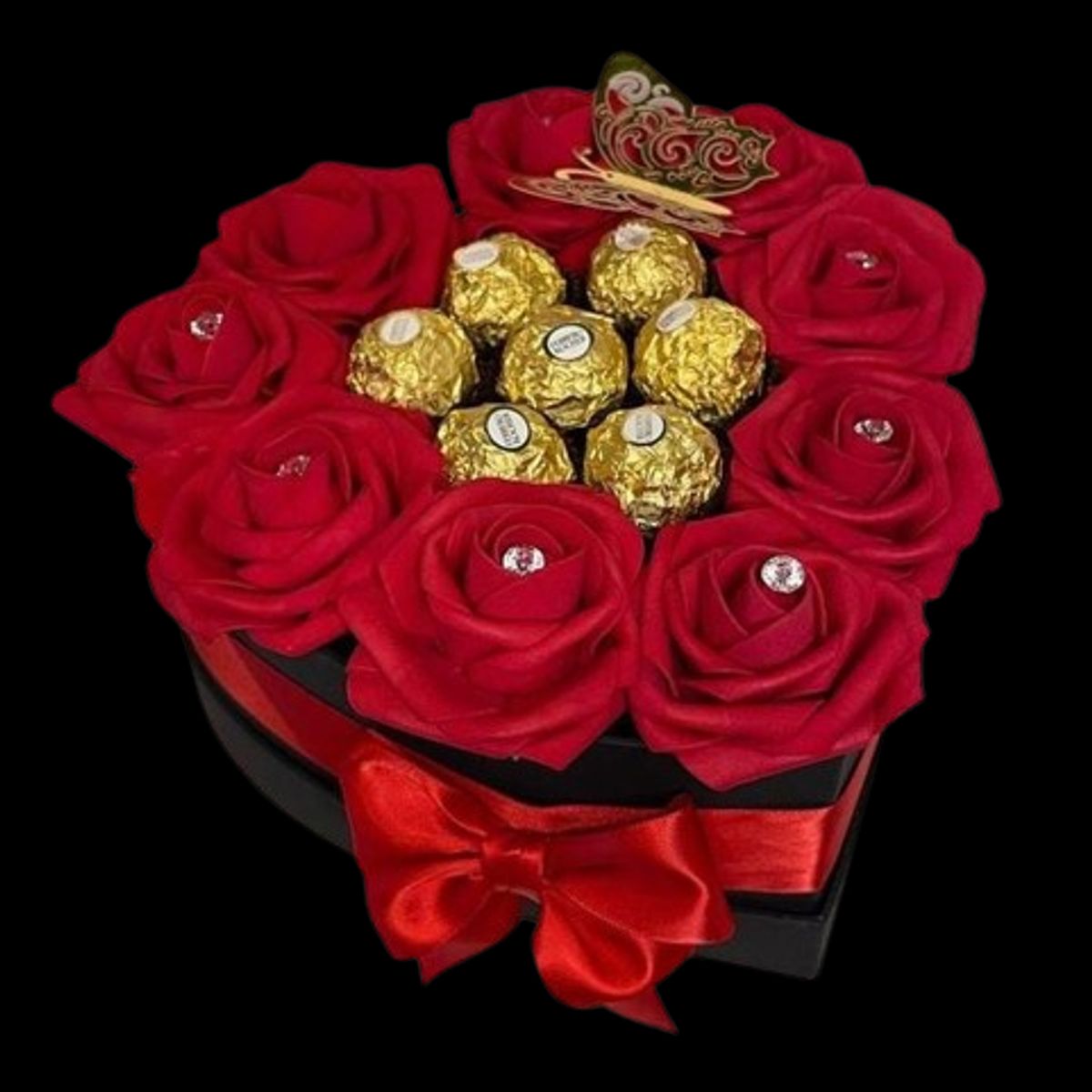 GENERICO - Box Corazón 8 Rosas 8 Bombones en el centro y Mariposa