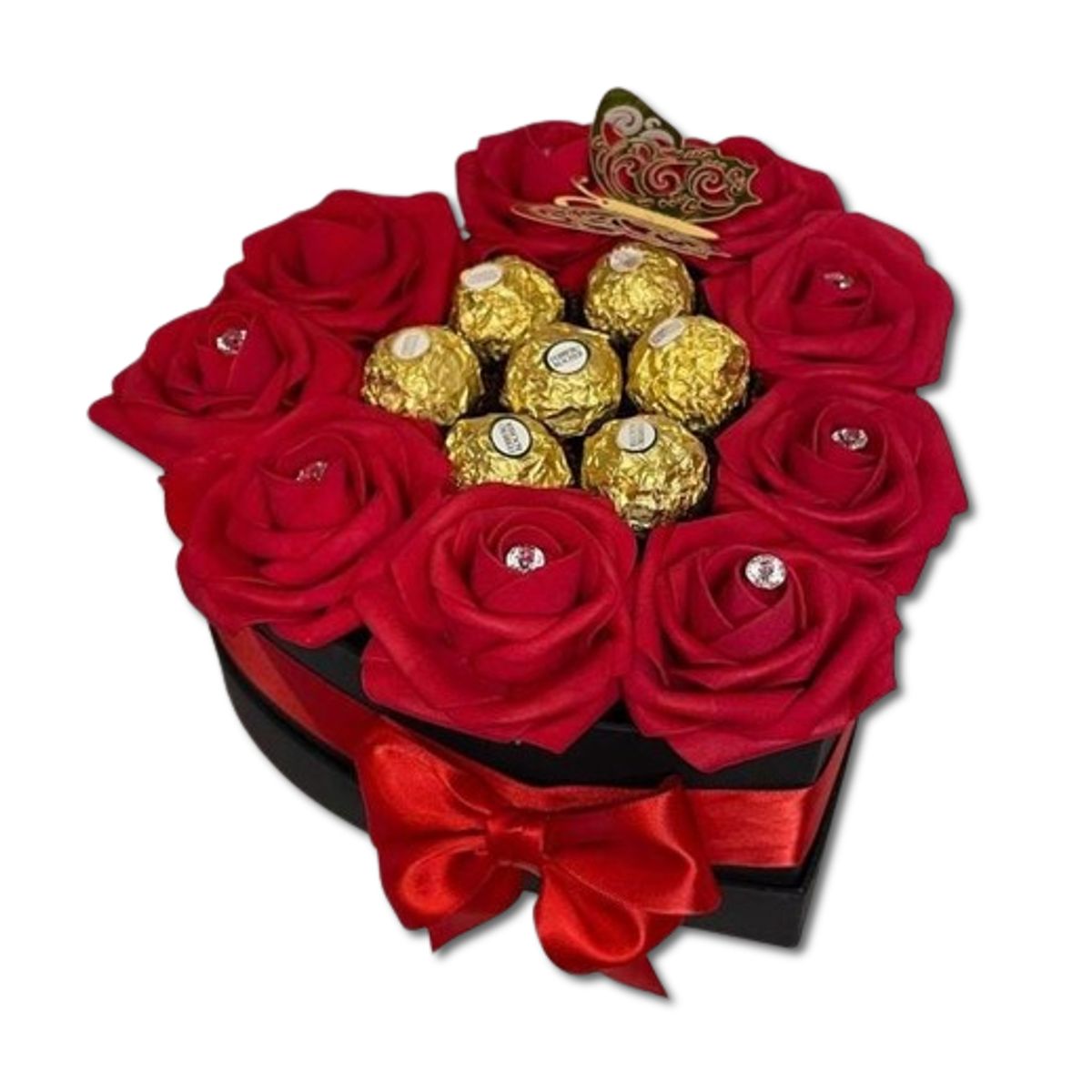 GENERICO - Box Corazón 8 Rosas 8 Bombones en el centro y Mariposa