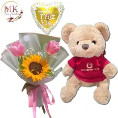GENERICO - Bouquet de 2 Tulipanes 1 Girasol Peluche con Polerón de 30cm y Globo