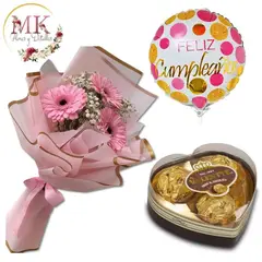 GENERICO - Bouquet de 3 Gerberas Bombones Corazón Valente y Globo
