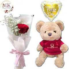 GENERICO - Rosa Roja Decorada Peluche con Polerón de 30cm y Globo