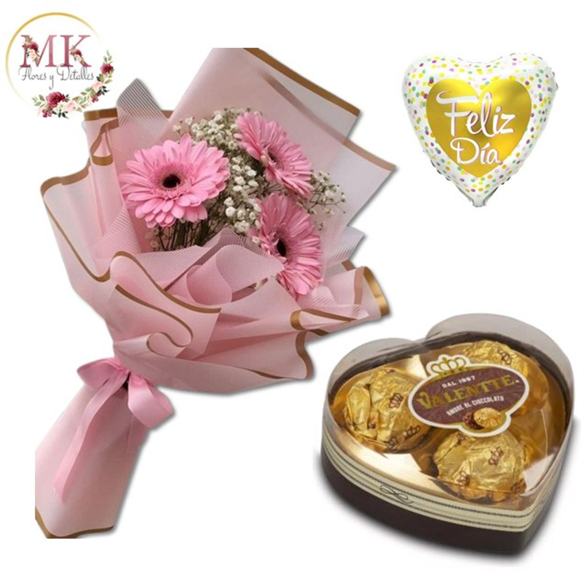 GENERICO - Bouquet de 3 Gerberas Bombones Corazón Valente y Globo