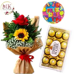 GENERICO - Bouquet de 1 Rosa 1 Girasol Bombones Ferrero Rocher 150grs y Globo