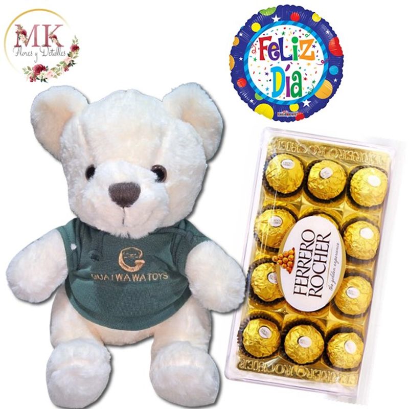GENERICO - Peluche con Poleron de 30cm Bombones Ferrero Rocher 150grs y Globo