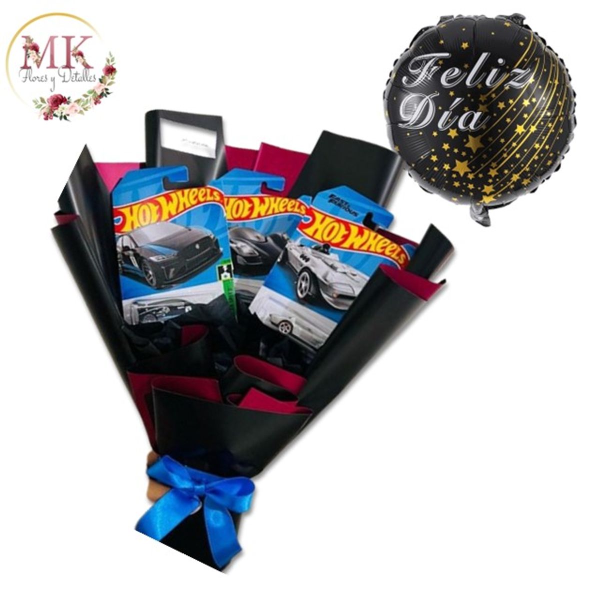 GENERICO - Bouquet de 3 Carritos Hot Wheels y Globo