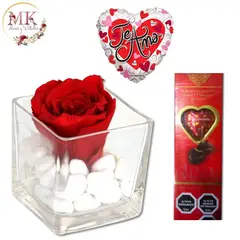 GENERICO - Rosa Preservada Roja en Cubo Bombones Amor y Globo