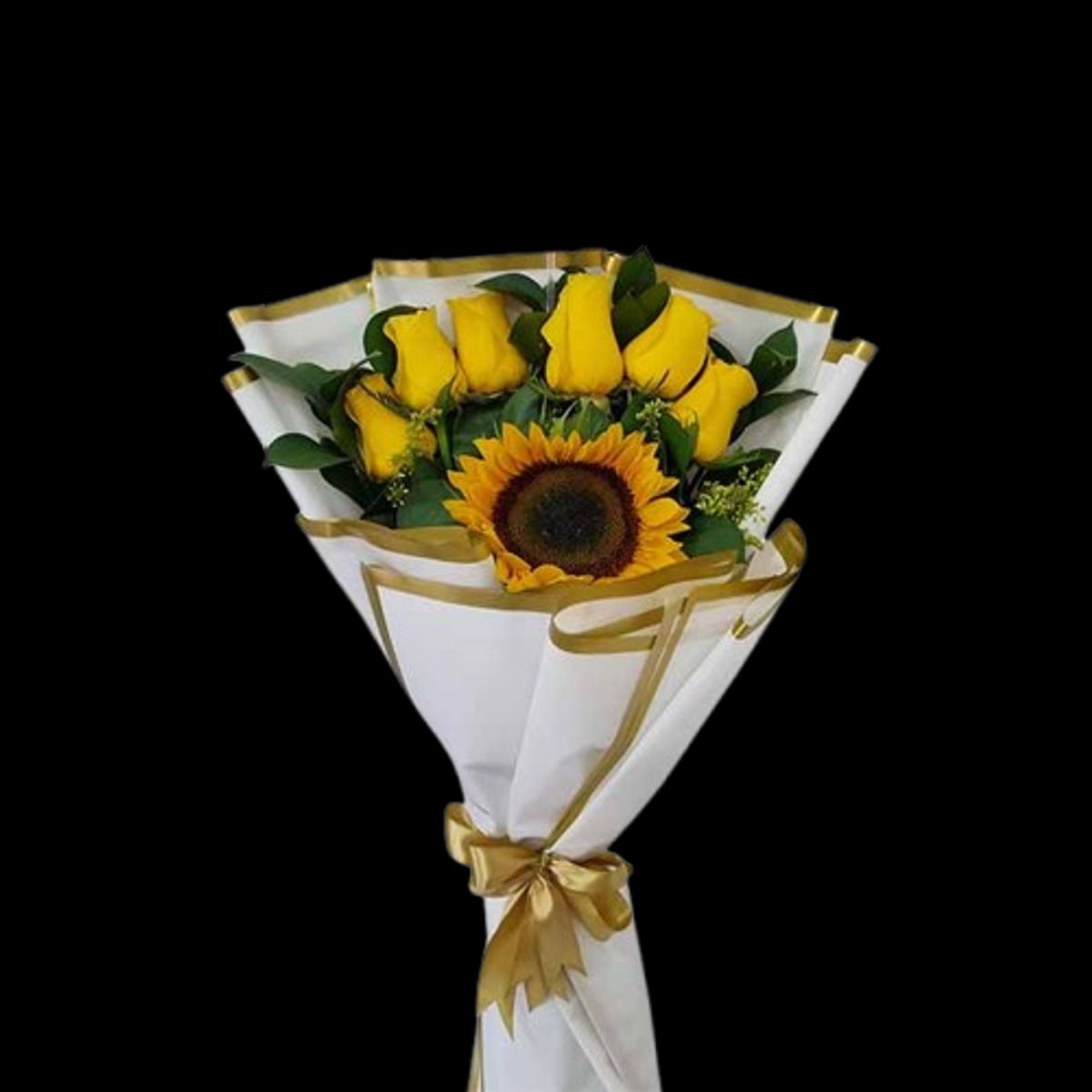 GENERICO - Bouquet de 6 Rosas Amarillas y 1 Girasol