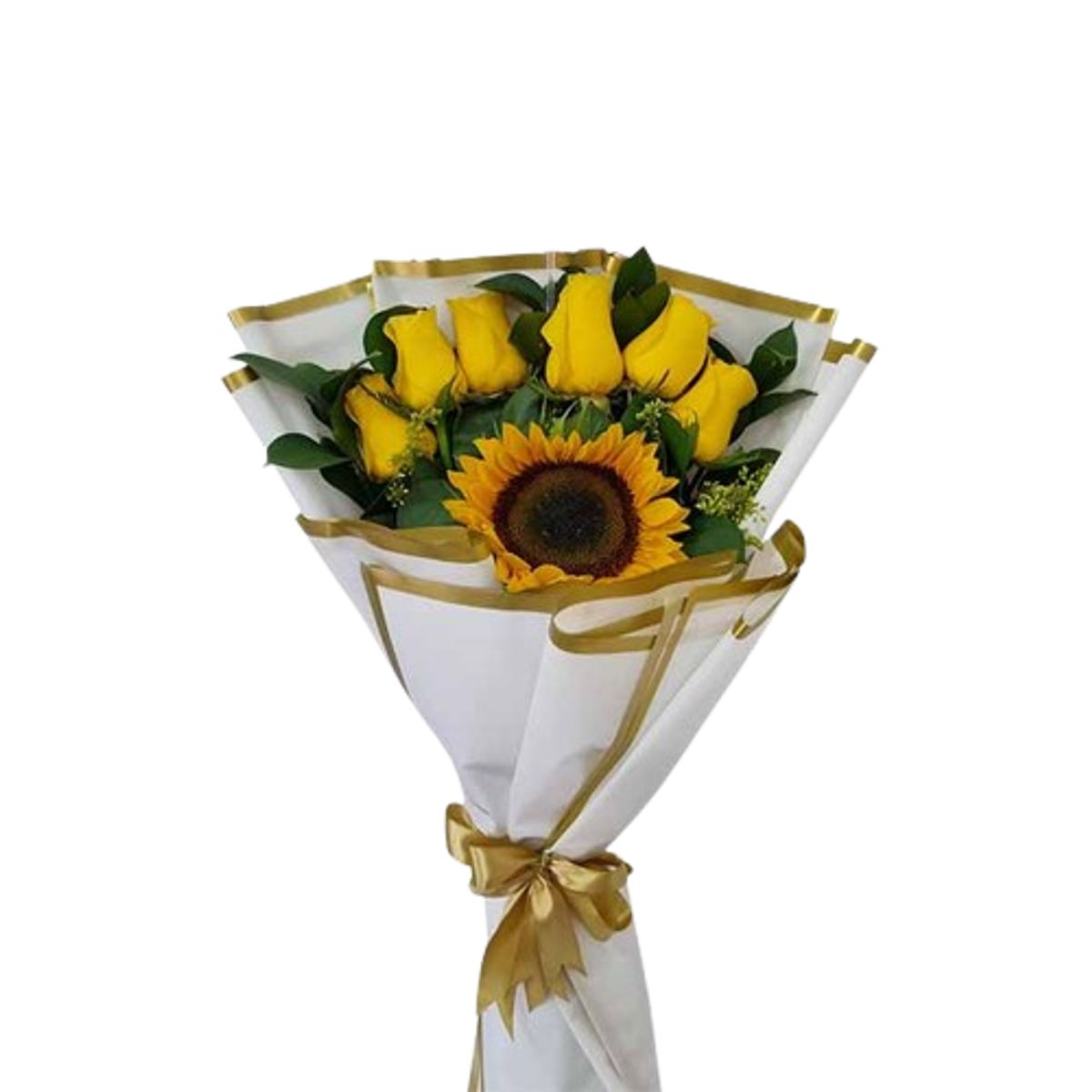 GENERICO - Bouquet de 6 Rosas Amarillas y 1 Girasol