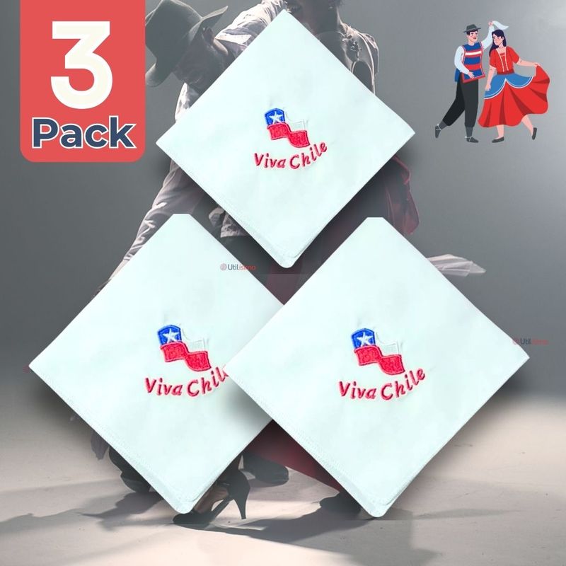 UTILISIMO - Pack 3 Pañuelo Baile Cueca 36 CM Bordado Viva Chile Fiestas Patrias