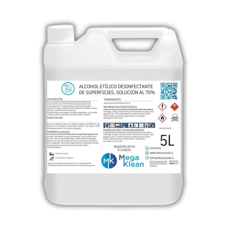 GENERICO - Alcohol Desnaturalizado 70% 5 Litros Registro ISP