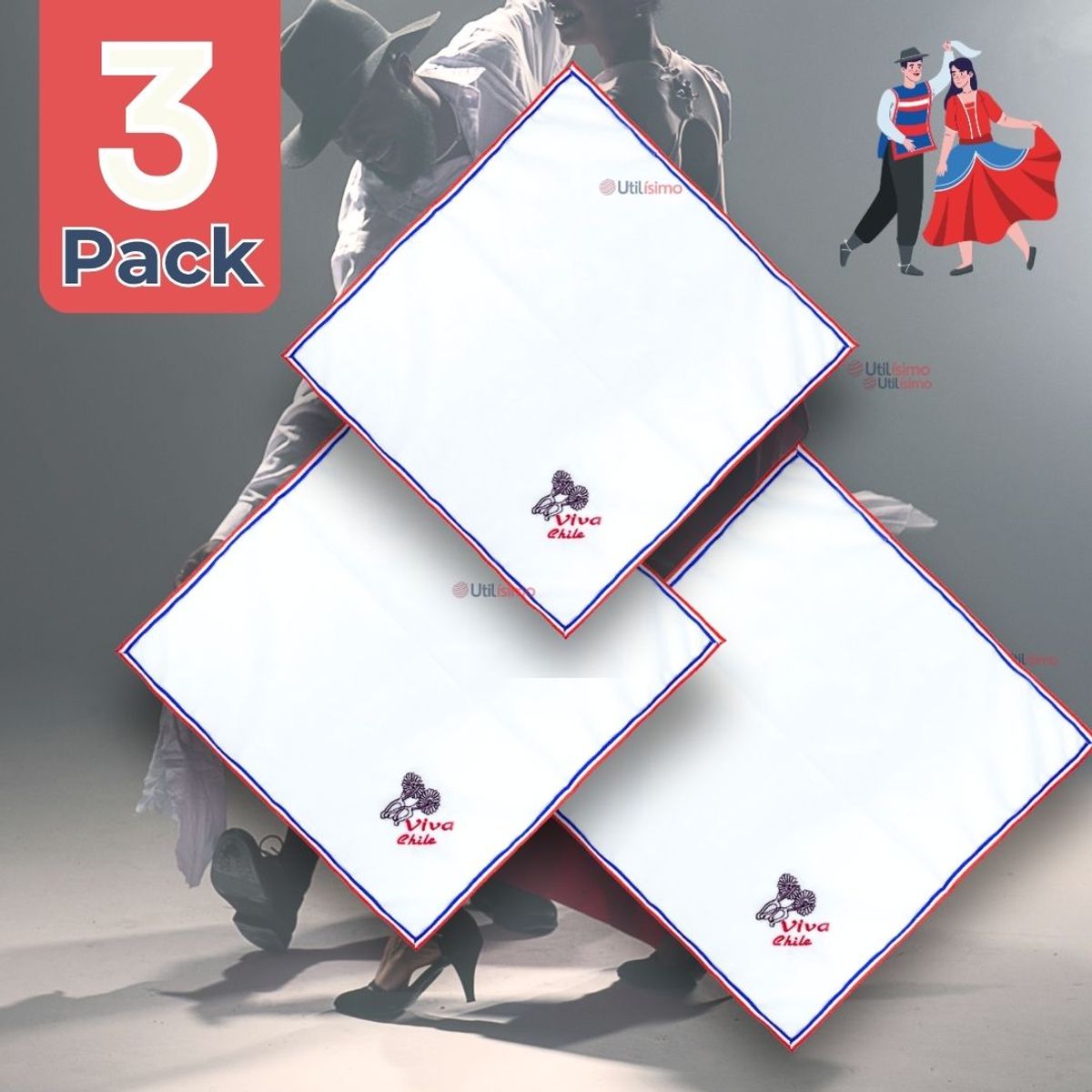 UTILISIMO - Pack 3 Pañuelos Baile Cueca 45CM Bordado Espuelas Fiestas Patrias