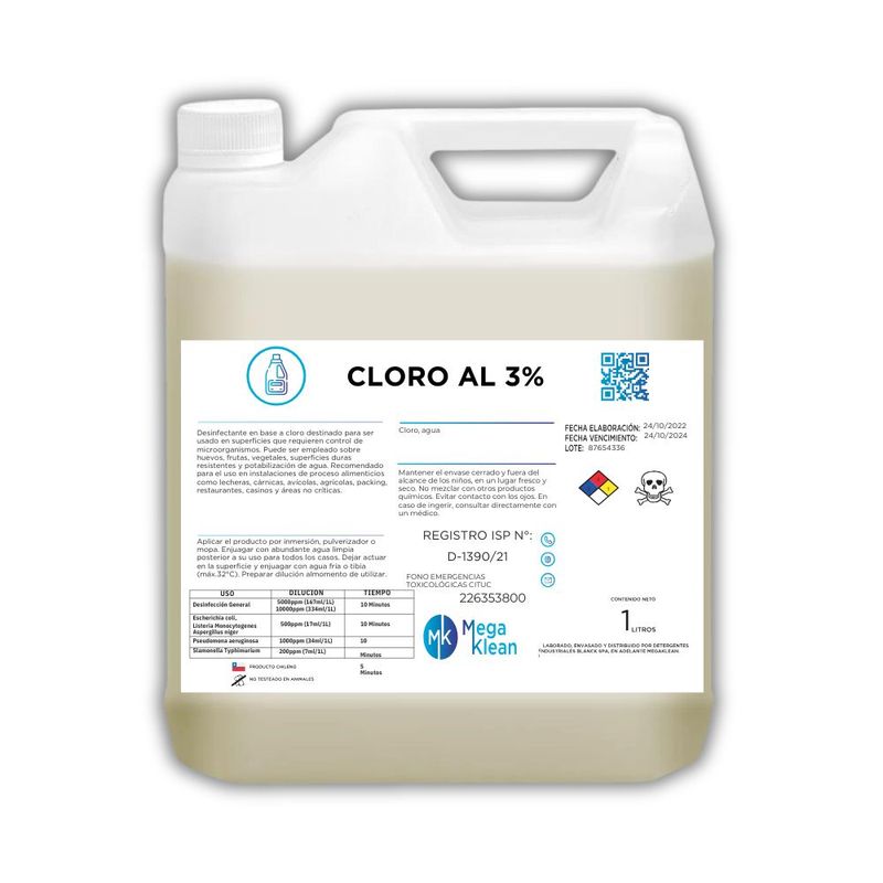 GENERICO - Cloro al 3% 5 litros Registro ISP Megaklean