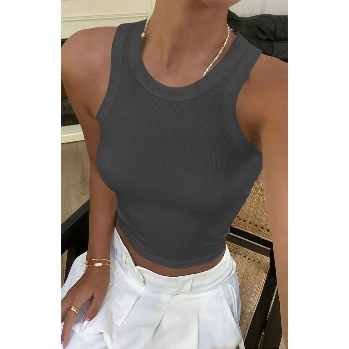 LOOK SHOP - Top Acanalado. Camiseta Sin Mangas Mujer, Polera Invierno. 002