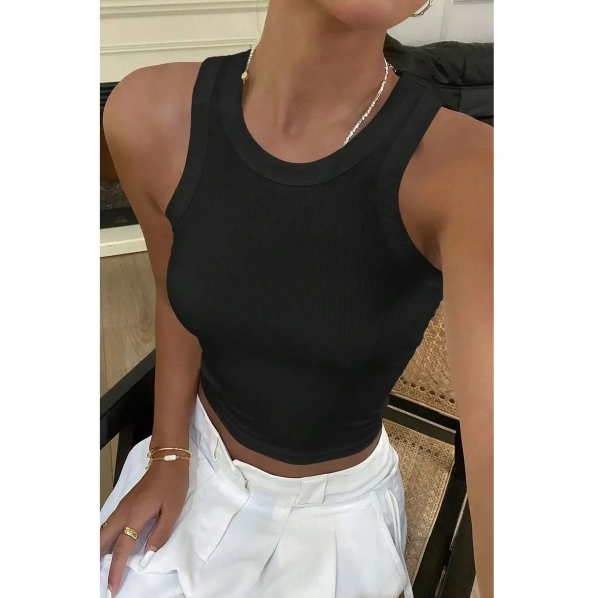 LOOK SHOP - Top Acanalado. Camiseta Sin Mangas Mujer, Polera Invierno. 002