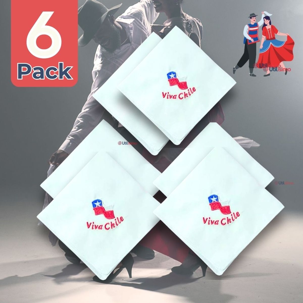 UTILISIMO - Pack 6 Pañuelos Baile Cueca 45CM Bordado Viva Chile Fiestas Patrias