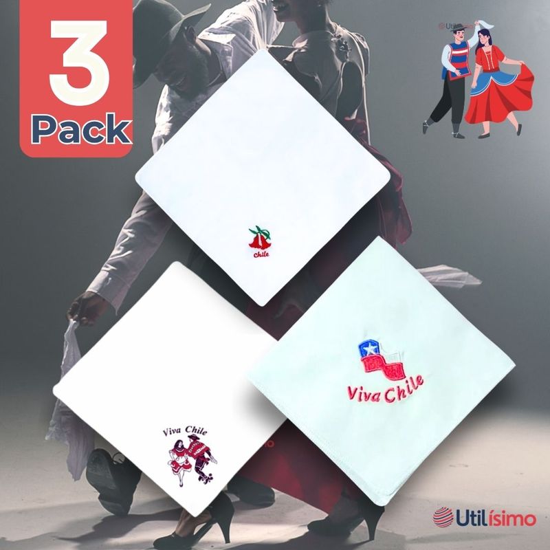 UTILISIMO - Pack 3 Pañuelos Baile Cueca 36 CM Bordados Fiestas Patrias Surtidos