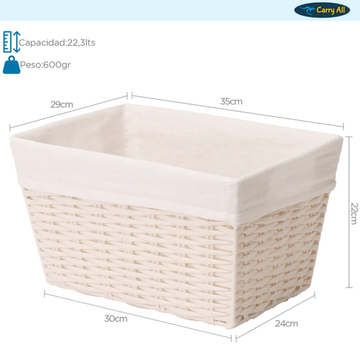 CARRY ALL - Canasto Cesta Organizadora Carry All  Estilo Ratán Crema M