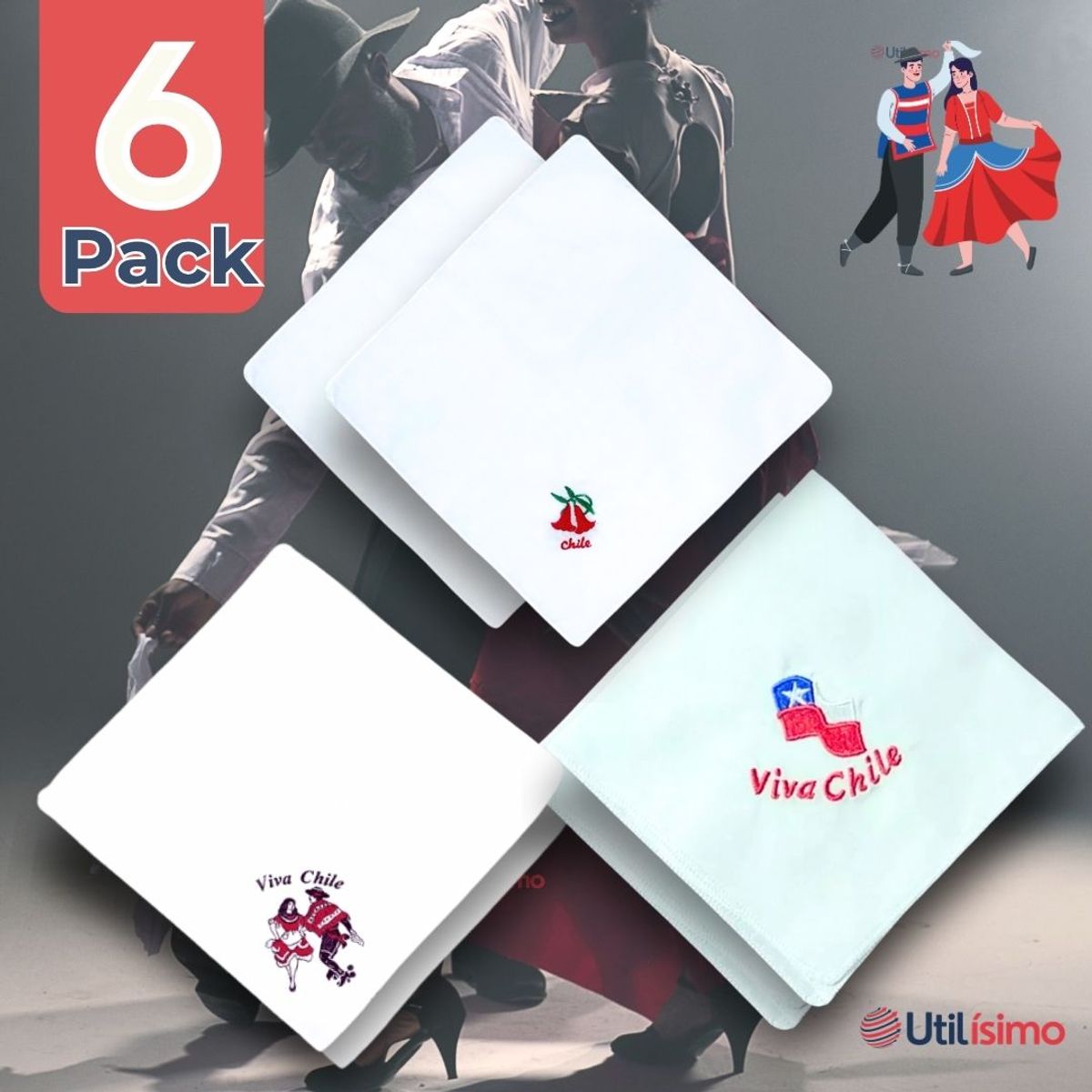 UTILISIMO - Pack 6 Pañuelos Baile Cueca 36 CM Bordados Fiestas Patrias Surtidos
