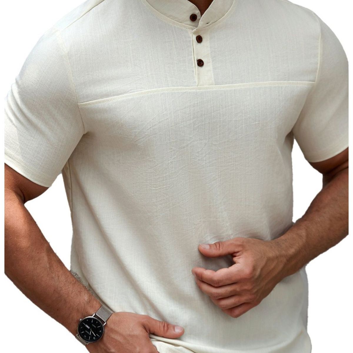 LOOK SHOP - Camisa Hombre Cuello Mao Simil Lino Elegante Y Ligera 0274