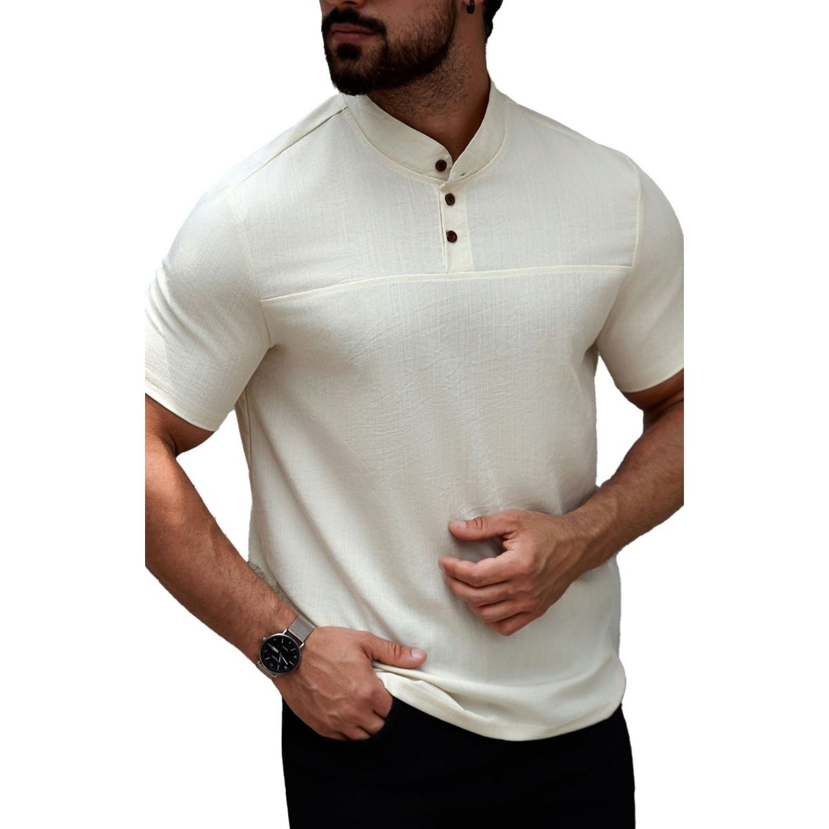 LOOK SHOP - Camisa Hombre Cuello Mao Simil Lino Elegante Y Ligera 0274