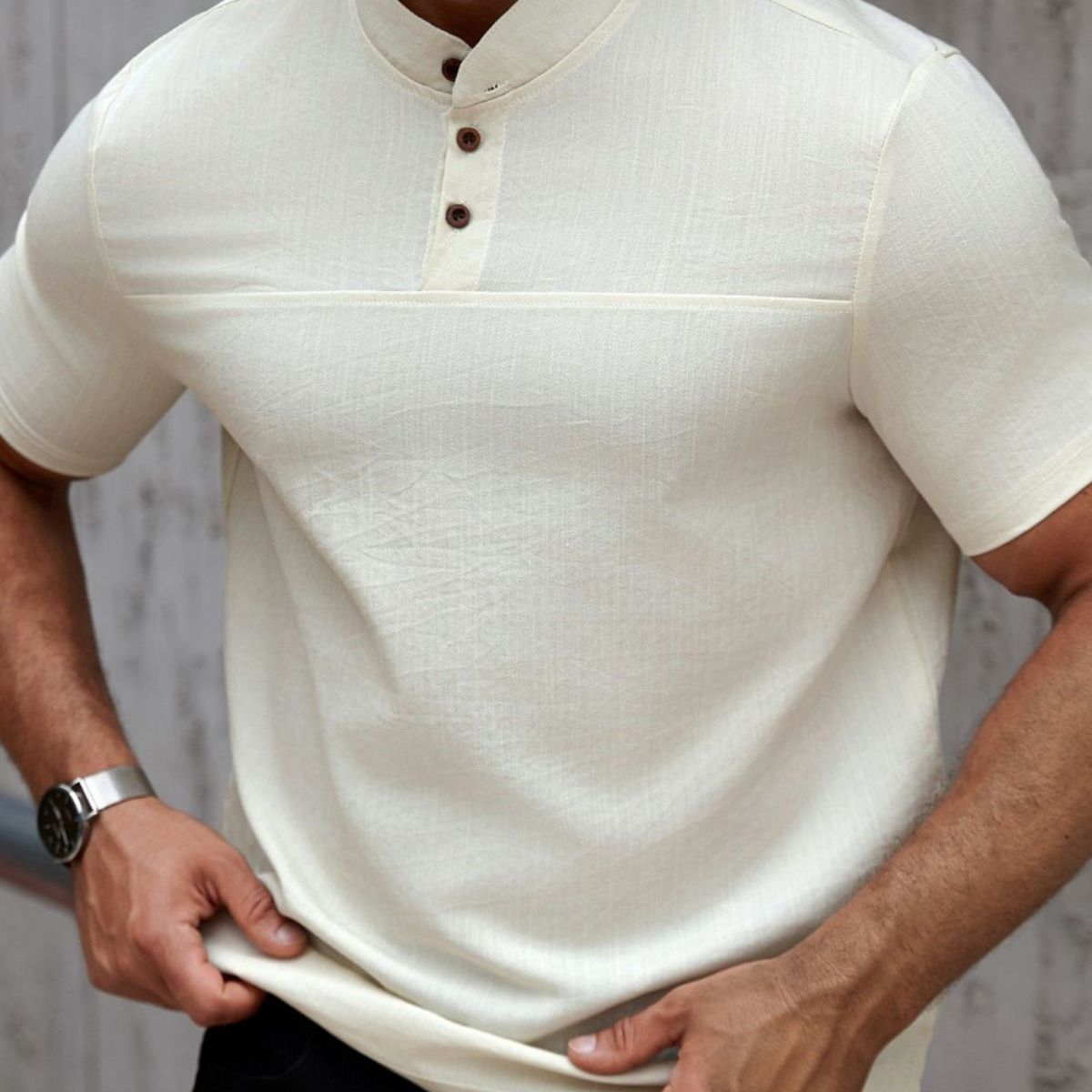 LOOK SHOP - Camisa Hombre Cuello Mao Simil Lino Elegante Y Ligera 0274