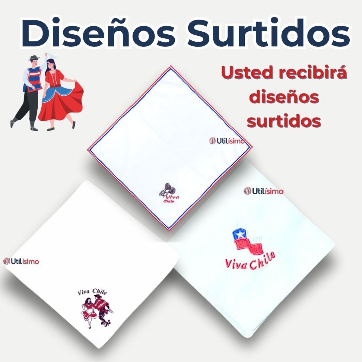 UTILISIMO - Pack 6 Pañuelos Baile Cueca 45 CM Bordados Fiestas Patrias Surtidos