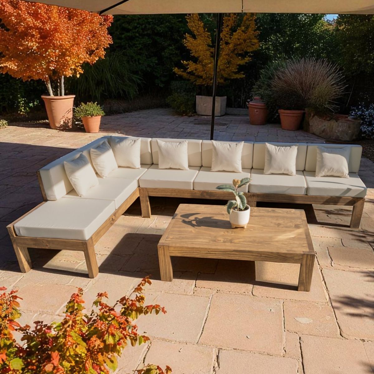 MIARUSTE - TERRAZA RÚSTICA MIARUSTE ELE 7 CUERPOS MADERA COLOR ROBLE COJINERÍA BEIGE V1