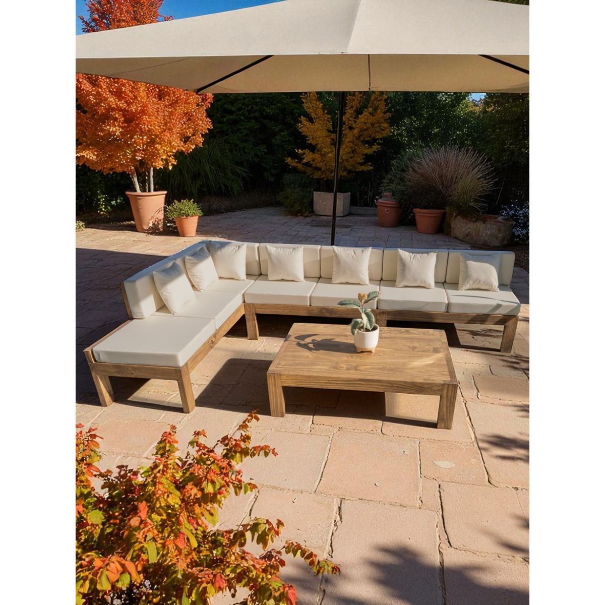 MIARUSTE - TERRAZA RÚSTICA MIARUSTE ELE 7 CUERPOS MADERA COLOR ROBLE COJINERÍA BEIGE V1