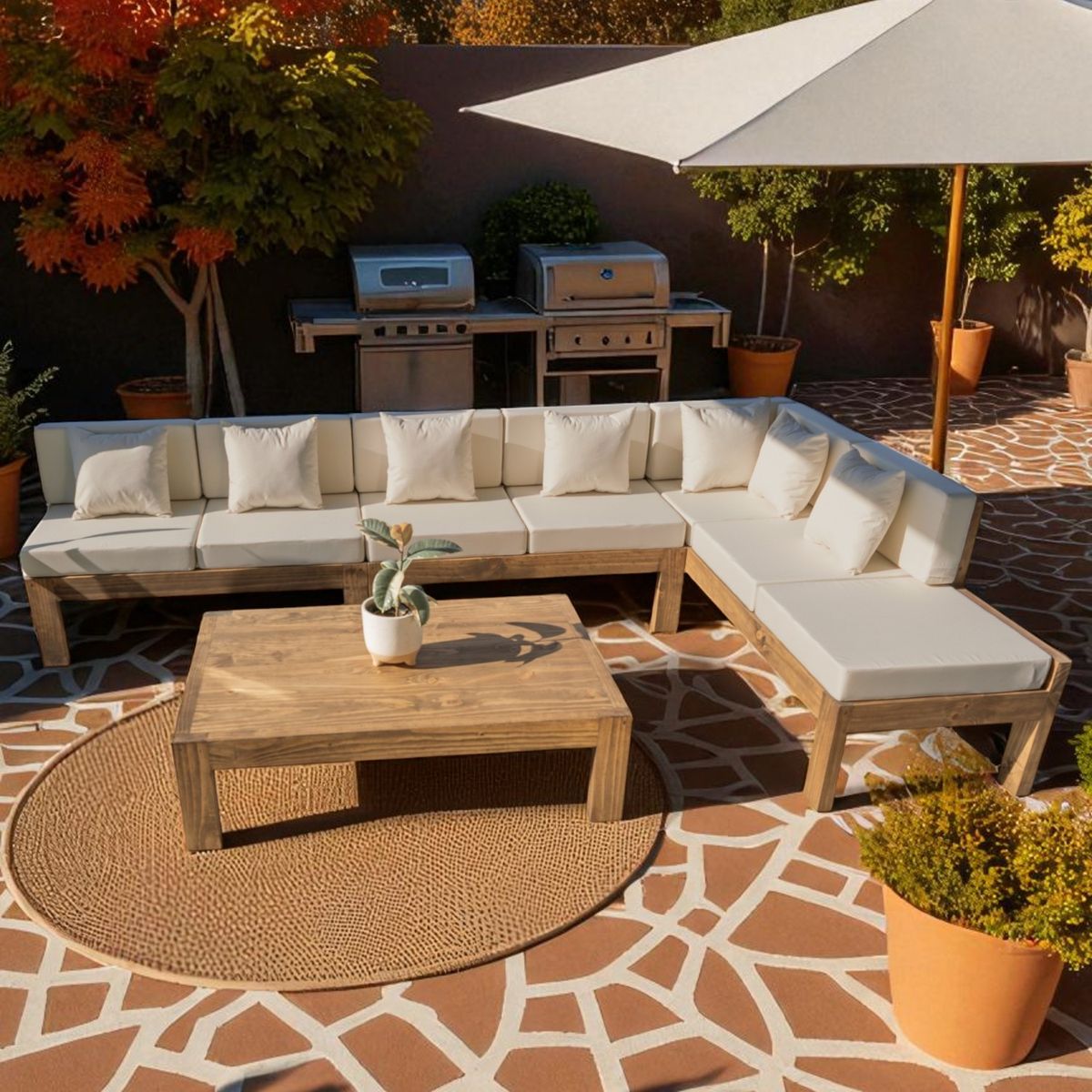 MIARUSTE - TERRAZA RÚSTICA MIARUSTE ELE 7 CUERPOS MADERA COLOR ROBLE COJINERÍA BEIGE V1