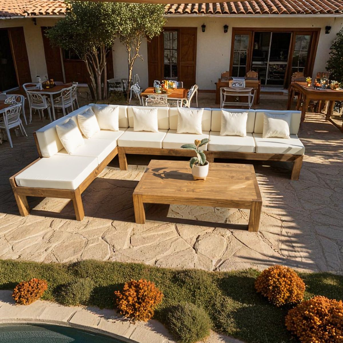 MIARUSTE - TERRAZA RÚSTICA MIARUSTE ELE 7 CUERPOS MADERA COLOR ROBLE COJINERÍA CRUDO V1