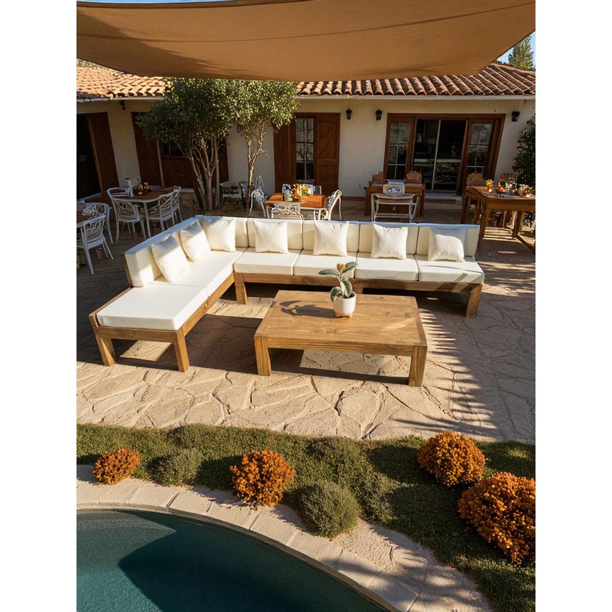 MIARUSTE - TERRAZA RÚSTICA MIARUSTE ELE 7 CUERPOS MADERA COLOR ROBLE COJINERÍA CRUDO V1