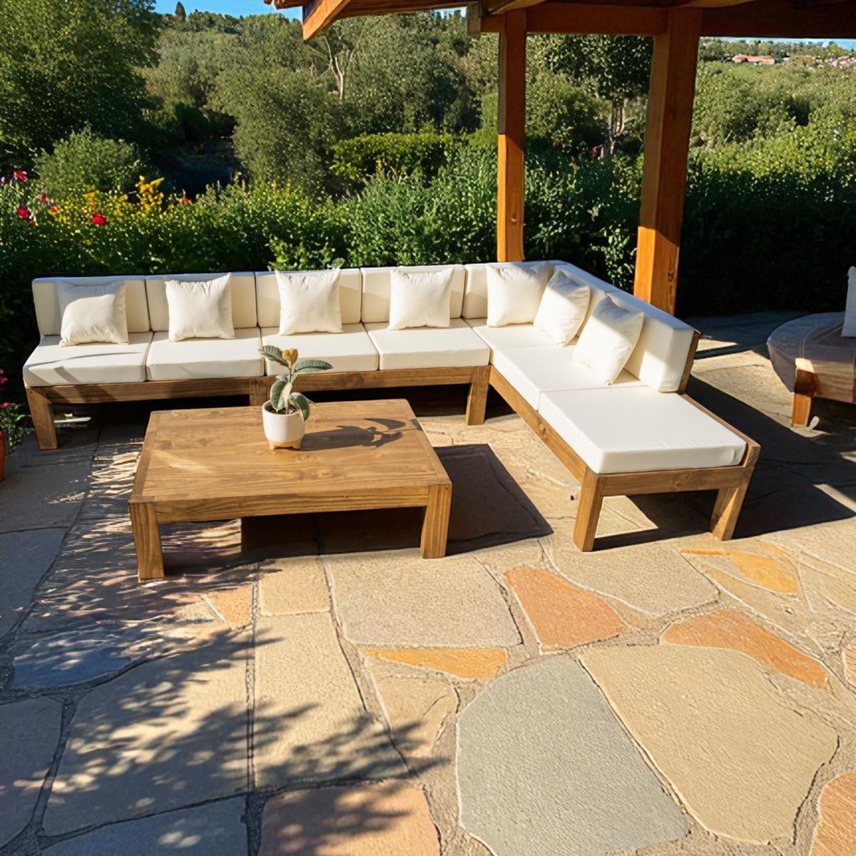 MIARUSTE - TERRAZA RÚSTICA MIARUSTE ELE 7 CUERPOS MADERA COLOR ROBLE COJINERÍA CRUDO V1