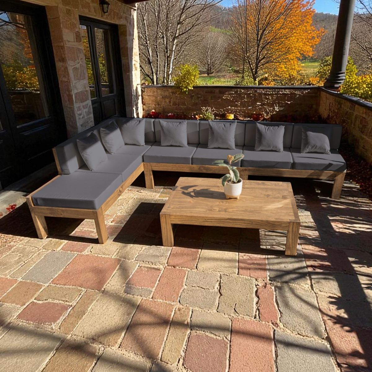 MIARUSTE - TERRAZA RÚSTICA MIARUSTE L 7 CUERPOS MADERA COLOR ROBLE COJINERÍA GRIS MEDIO V1