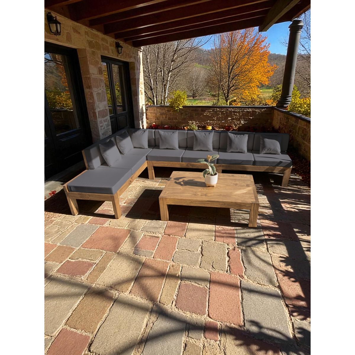 MIARUSTE - TERRAZA RÚSTICA MIARUSTE L 7 CUERPOS MADERA COLOR ROBLE COJINERÍA GRIS MEDIO V1