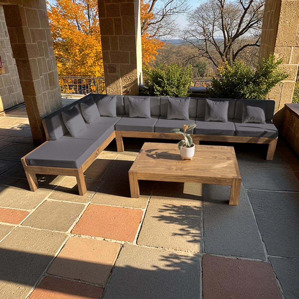 MIARUSTE - TERRAZA RÚSTICA MIARUSTE L 7 CUERPOS MADERA COLOR ROBLE COJINERÍA GRIS MEDIO V1