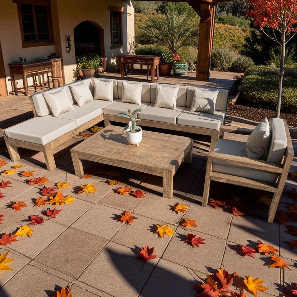 MIARUSTE - TERRAZA RÚSTICA MIARUSTE ELE 7 CUERPOS MADERA COLOR ROBLE COJINERÍA BEIGE V2