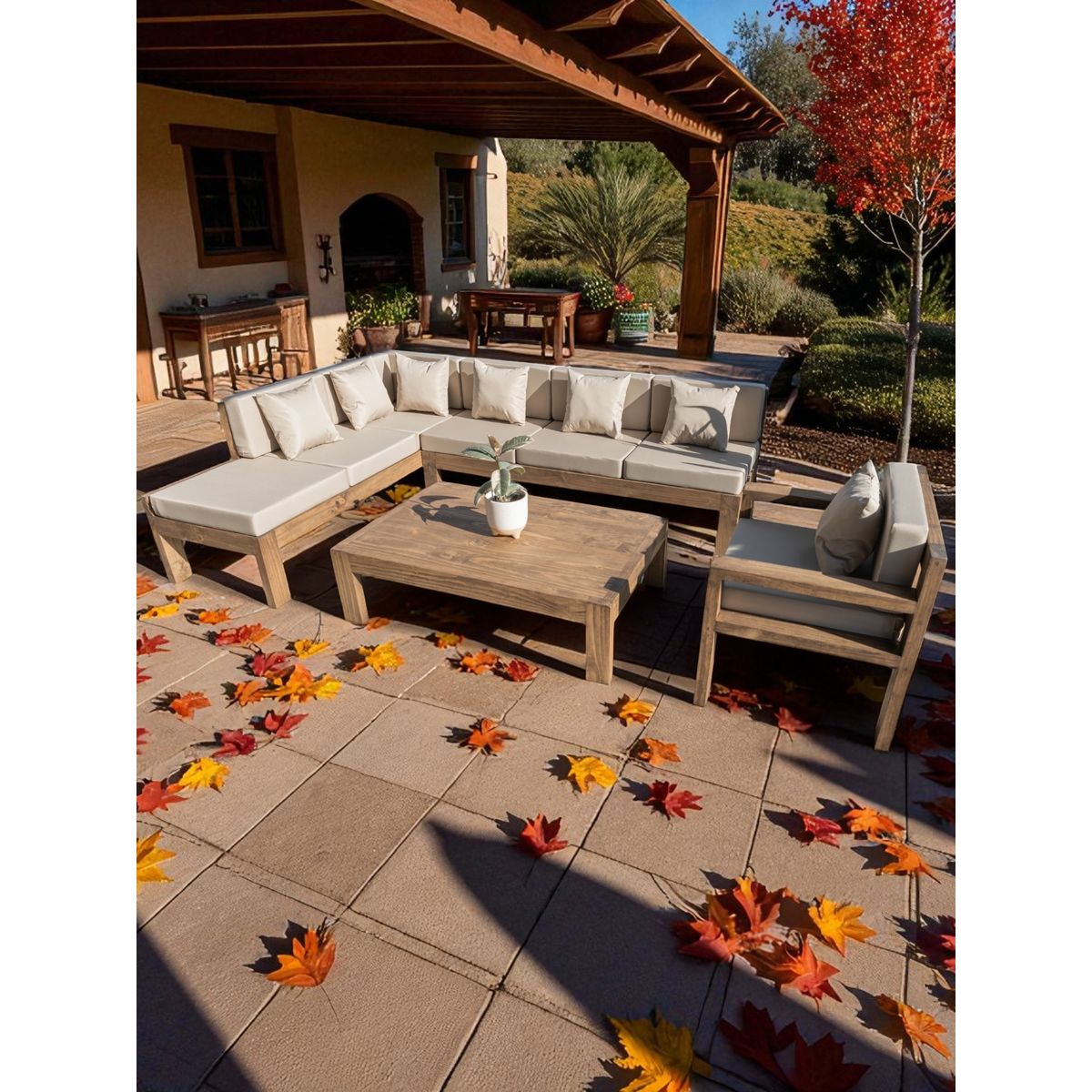 MIARUSTE - TERRAZA RÚSTICA MIARUSTE ELE 7 CUERPOS MADERA COLOR ROBLE COJINERÍA BEIGE V2