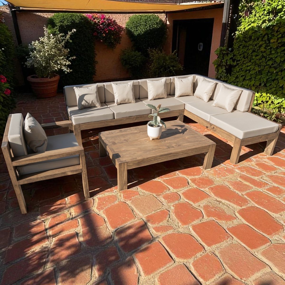 MIARUSTE - TERRAZA RÚSTICA MIARUSTE ELE 7 CUERPOS MADERA COLOR ROBLE COJINERÍA BEIGE V2