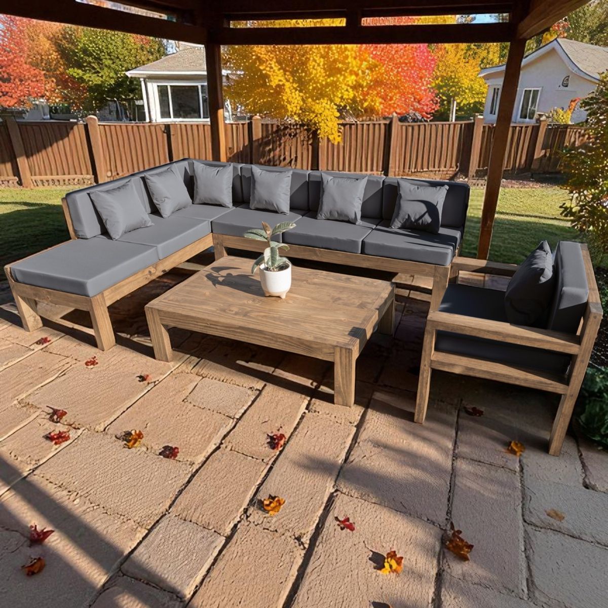 MIARUSTE - TERRAZA RÚSTICA MIARUSTE L 7 CUERPOS MADERA COLOR ROBLE COJINERÍA GRIS MEDIO V2