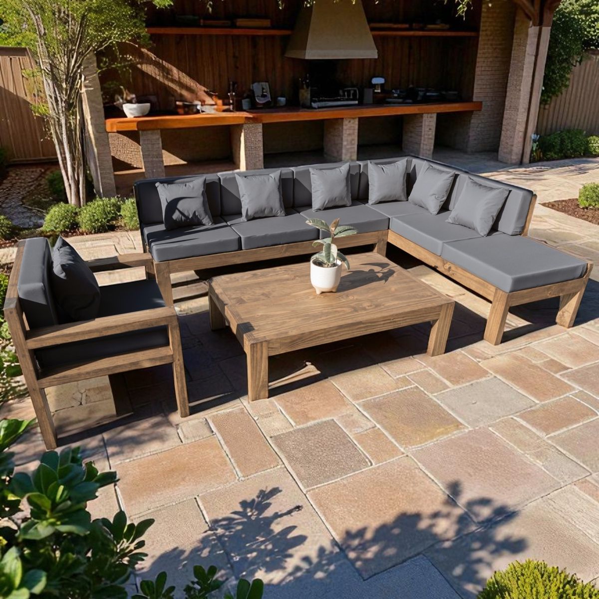 MIARUSTE - TERRAZA RÚSTICA MIARUSTE L 7 CUERPOS MADERA COLOR ROBLE COJINERÍA GRIS MEDIO V2