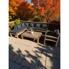 MIARUSTE - TERRAZA RÚSTICA ELE 7 CUERPOS MADERA COLOR ROBLE COJINERÍA GRIS OSC. V2