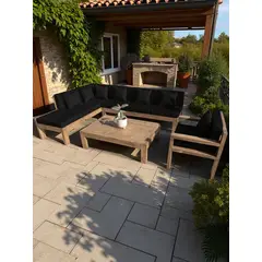 MIARUSTE - TERRAZA RÚSTICA ELE 7 CUERPOS MADERA COLOR ROBLE COJINERÍA NEGRO V2