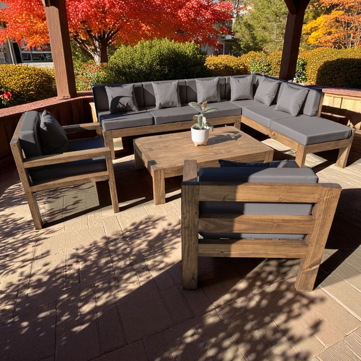 MIARUSTE - TERRAZA RÚSTICA MIARUSTE L 8 CUERPOS MADERA COLOR ROBLE COJINERÍA GRIS MEDIO V1