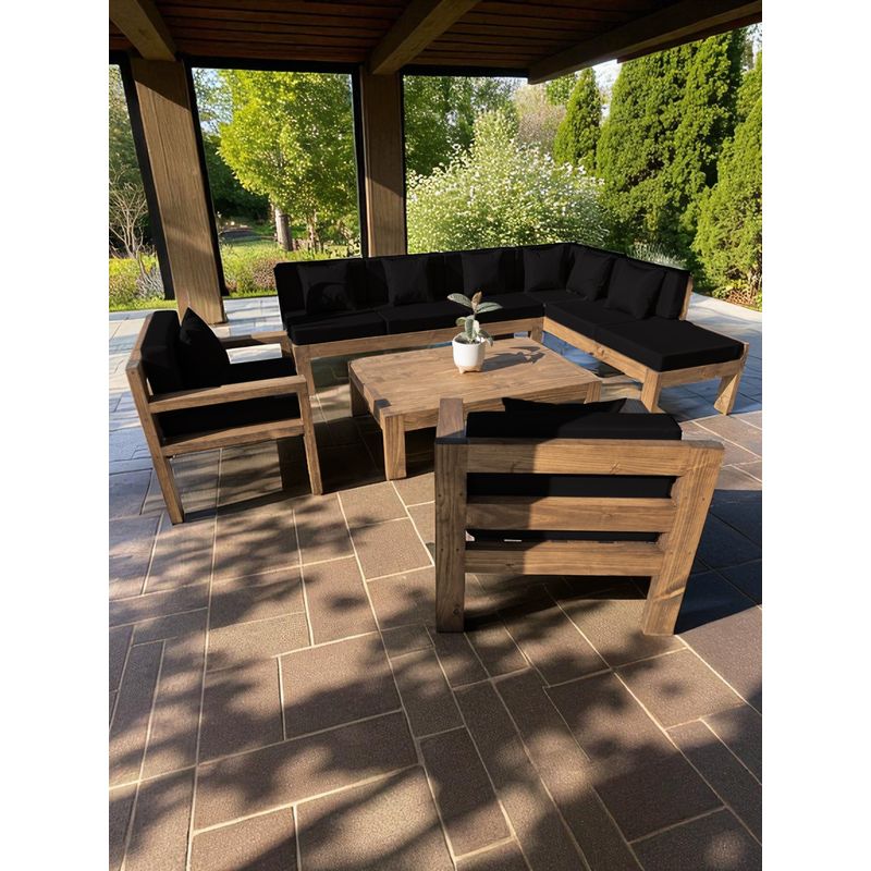 MIARUSTE - TERRAZA RÚSTICA MIARUSTE ELE 8 CUERPOS MADERA COLOR ROBLE COJINERÍA NEGRO V1