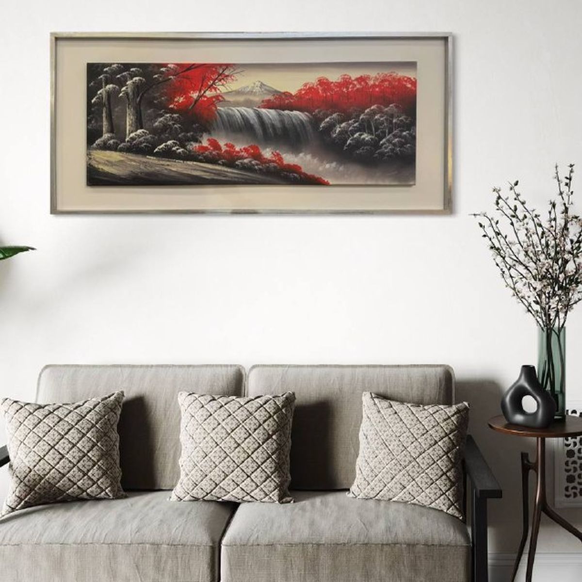 DEKAM DISEÑO - Cuadro Cascada Con Montaña Gris con Rojo