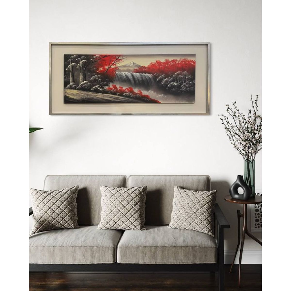 DEKAM DISEÑO - Cuadro Cascada Con Montaña Gris con Rojo