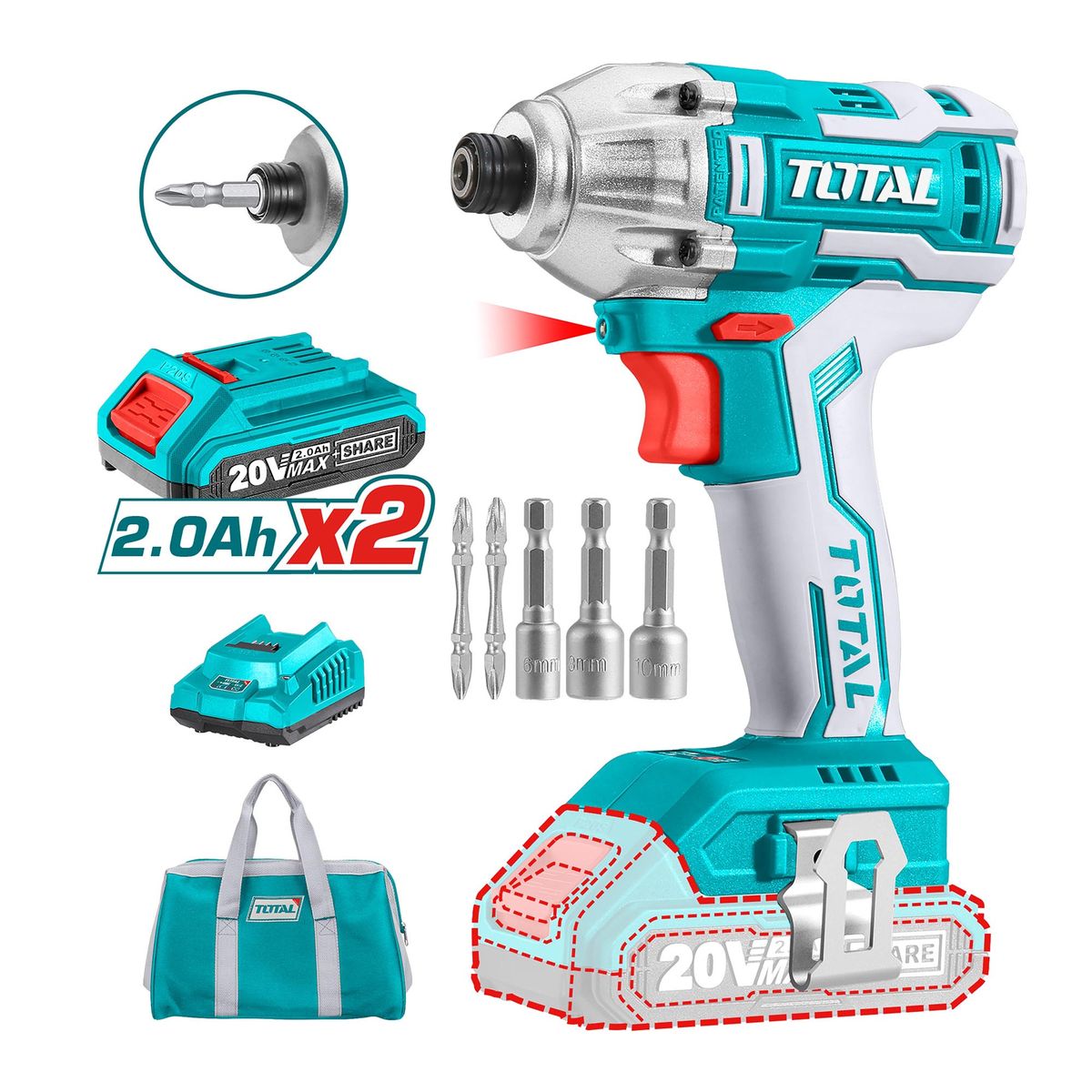 TOTAL TOOLS - Atornillador de Impacto 20V Sin Carbones Litio Ion Total