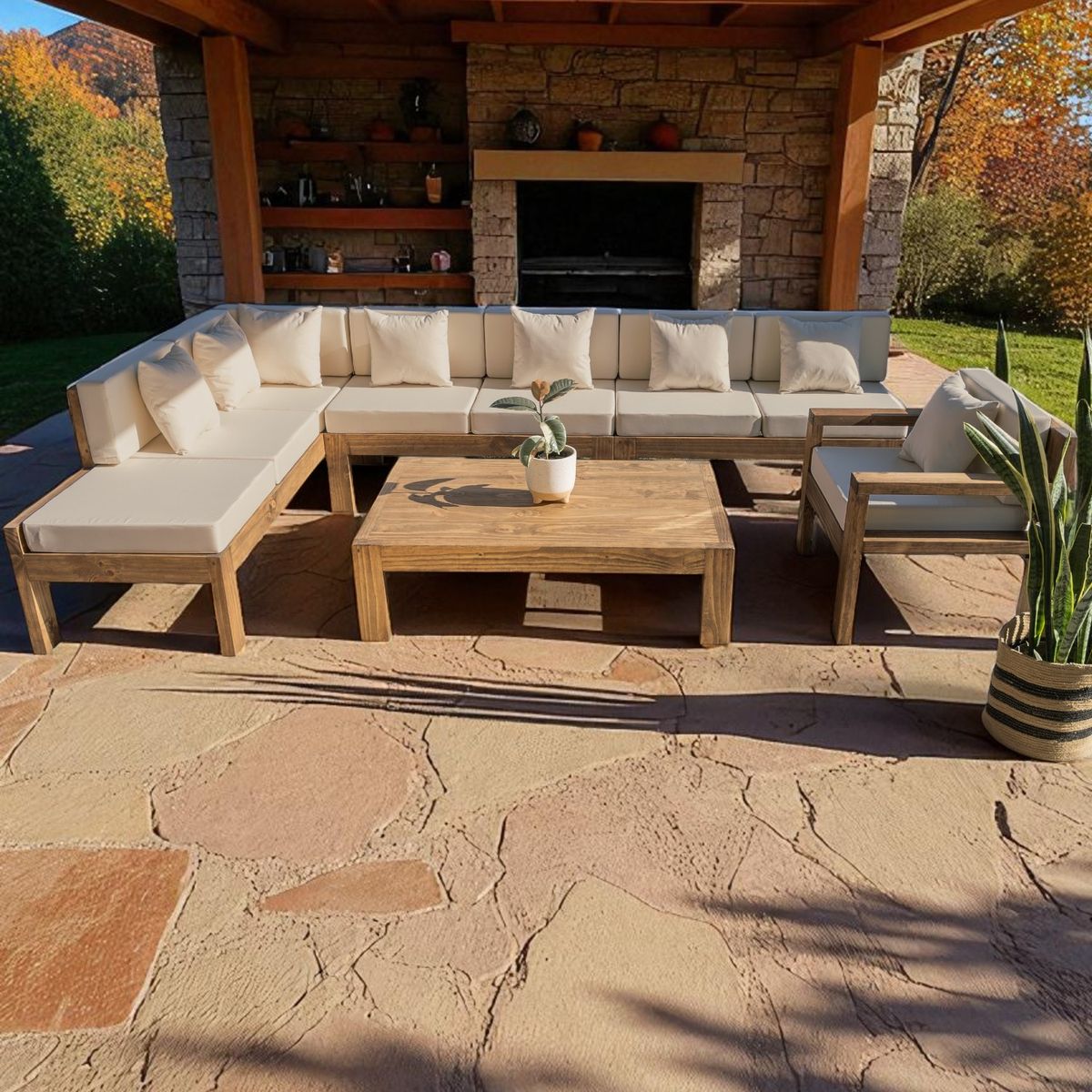 MIARUSTE - TERRAZA RÚSTICA MIARUSTE ELE 8 CUERPOS MADERA COLOR ROBLE COJINERÍA BEIGE V3